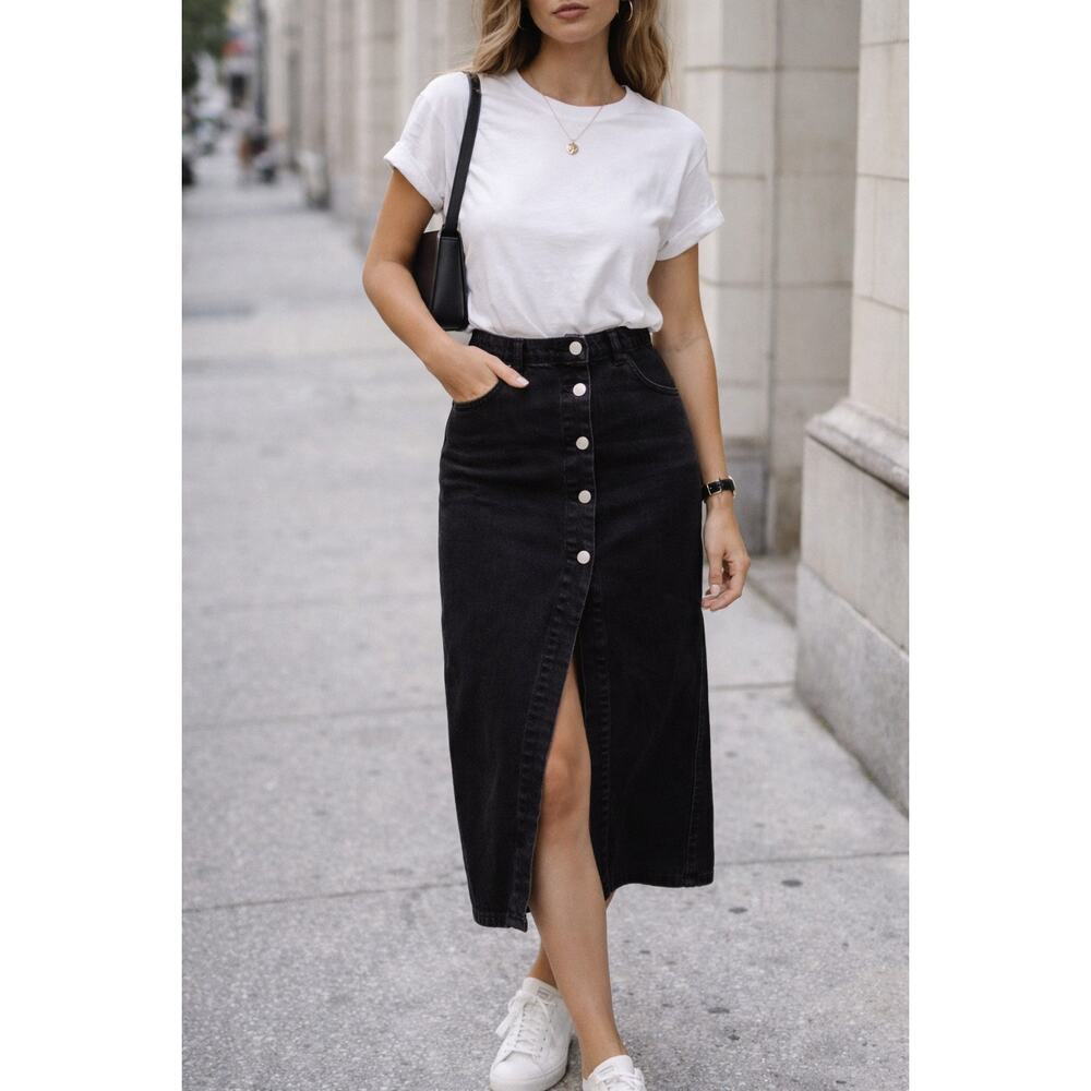 ZARA Black Denim Midi Skirt XS High Rise Button Front Slit Minimal Chic